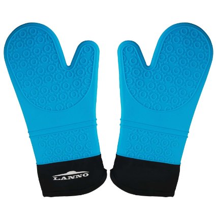 Silicone Oven Mitts, Large Grilling Cooking Gloves, Pot holders with Extra Long Quilted Cotton Lining, Up to 450 F Heat Resistant - 1 Pair (Blue) -LANNO