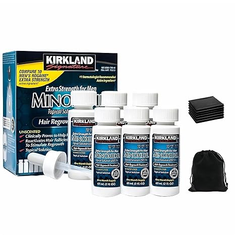 Minoxidil for Men 5% Topical Solution Extra Strength Hair Regrowth Treatment, Dropper Applicator Included (6 month supply), 6 x 2 Fl Oz Clear, Includes 6 MicroFiber Cleaning Cloths and Traveling Pouch