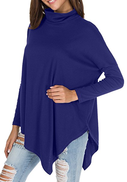 levaca Women's Long Batwing Sleeve Turtleneck Hankerchief Hem Loose Casual Tunic