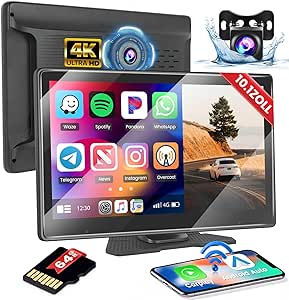 Hikity 4K Tragbares Autoradio mit Wireless Carplay Android Auto 10.1 Zoll Carplay Tragbar Monitor Display Radio mit Frontkamera Bluetooth FM Mirror LinkRückfahrkamera 64G Karte