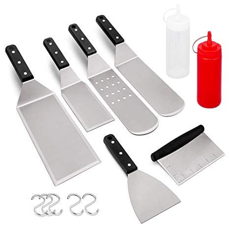 HaSteeL Metal Spatula Set of 8, Griddle Accessories Stainless Steel Grill Spatula Kit, Great for BBQ Teppankiya Flat Top Hibachi Camping, Riveted Plastic & Heat Resistant Handle - Dishwasher Safe