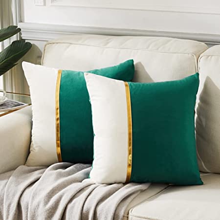 Fancy Homi 2 Packs Christmas Green Decorative Throw Pillow Covers 20x20 Inch for Living Room Couch, Green and White Velvet Patchwork with Gold Leather, Luxury Modern Home Decor, Cushion Case 50x50 cm