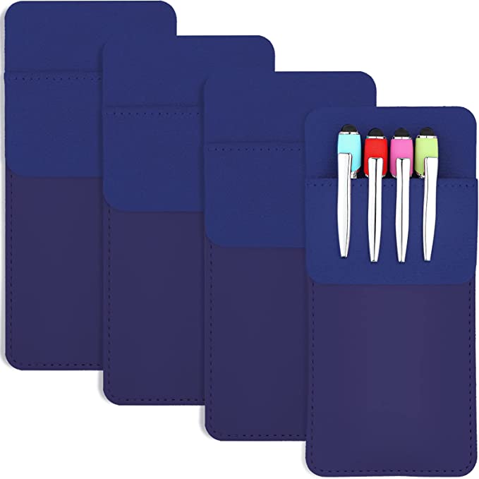 4 Packs Pocket Protector, Leather Pen Pouch Holder Organizer for Lab Coats/shirts/pen Note, Handmade Pencil Pocket Holder for School Office Hospital Supplies (Dark Blue)