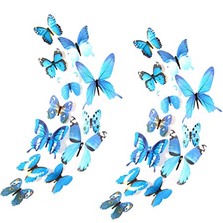 Heansun 24 PCS Butterfly Wall Decals, 3D Butterfly Wall Sticker for Room Home Nursery Decor(Blue)