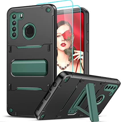 LeYi Compatible for Samsung Galaxy A21 Case with [2 Pack] Tempered Glass Screen Protector, Military-Grade Protective Phone Cover Cases with Full Lens Protection Kickstand for Samsung A21 Case, Green