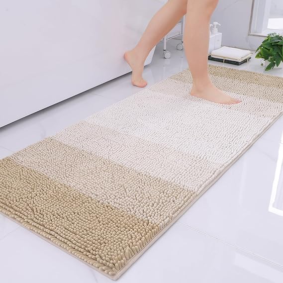 OLANLY Bathroom Rug, Extra Soft Chenille Thick Absorbent Shaggy Mat, Non-Slip Machine Wash Dry Plush Bath Mats for Bathroom, Tub and Shower (47 x 20 Inch, Beige)