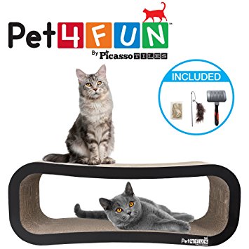Pet4Fun® PF361 4 in1 Reversible Durable Stylish Cat Scratcher Lounge w/ large space and special teaser holder for scratching, playing, resting, and napping. Teaser, Comb, & Catnip Included (Jumbo Size Version for multiple cats) by Picasso Tiles