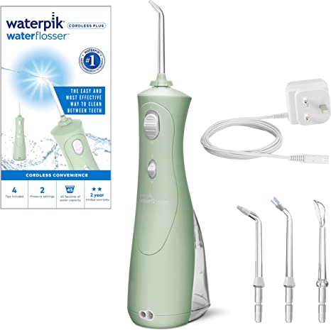 Waterpik Cordless Plus Water Flosser with 2 Pressure Settings, Dental Plaque Removal Tool Ideal for Travel or Small Bathrooms with Rechargeable Battery, Mint Green (WP-468UK)