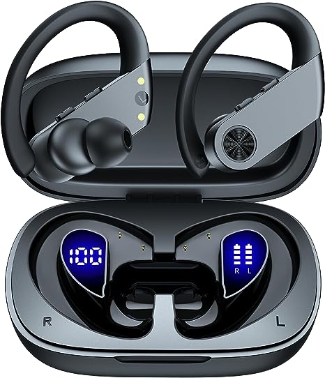 Ear Buds 110H Playtime Bluetooth Headphones Wireless Earbuds with 2200mAh Charging Case Dual LED Display Waterproof Over Ear Earphones with Earhooks for Sport Workout Laptop TV Computer Phone Black