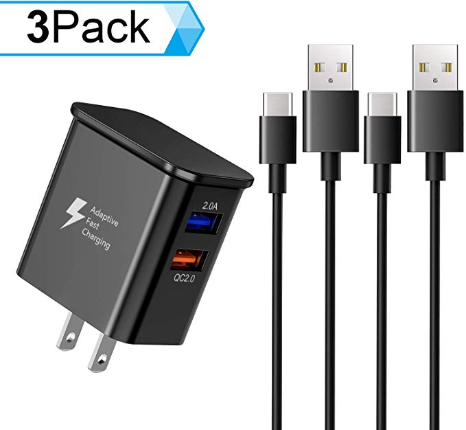 Amoner Adaptive Fast Charging USB Charger, 25W Dual Port USB Adaptor with 2Pack 4ft Type C Cables Compatible with Samsung Galaxy s10 s10  s9 s9  s8 s8  Note 8 Note 9 & More(1 Charger   2 Cable)