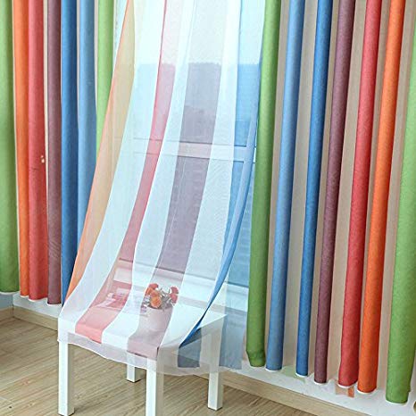 AiFish 2 Panels Colorful Wide Striped Sheer Curtains Rainbow Bedroom Window Curtain Panels Rod Pocket Top Gauzy Tulle Voile Drapes Curtain Set for Living Room Pack of 2 W52 x L63 inch