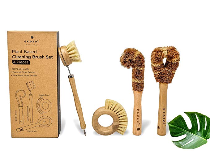 Ecozoi Plant Based Cleaning Brush Set, 4 Piece for Vegetable, and Kitchen Dish Cleaning, Sisal & Coconut Fibers with Bamboo Handles, Zero Waste & Biodegradable Kitchen Brushes