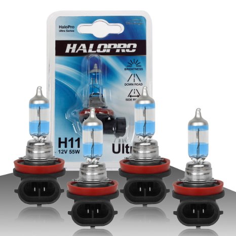 HaloPro H11 12V 55W Ultra white Halogen Bulb Xenon White Halogen Fog driving light,Low beam bulb,DRL light,ACURA Chevy GMC Dodge,Pack of 4pcs