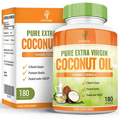 Coconut Oil - MCT Oil Capsules - 1000mg - Pure & Virgin Oil with Natural MCT Fatty Acids - For Men & Women - 180 Capsules (3 Months Supply) by Earths Design