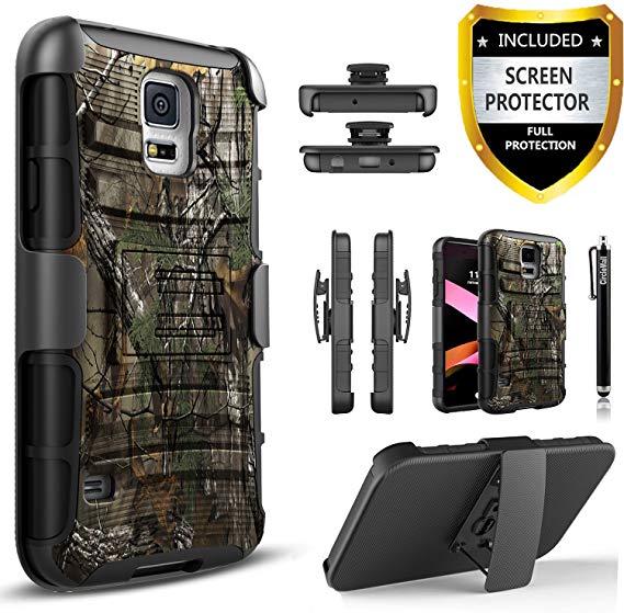 Galaxy S5 Case, Dual Layers [Combo Holster] Phone Cover and Built-in Kickstand Bundled with [Screen Protector] Hybird Shockproof and Circlemalls Stylus Pen for Samsung Galaxy S5 (Camo)