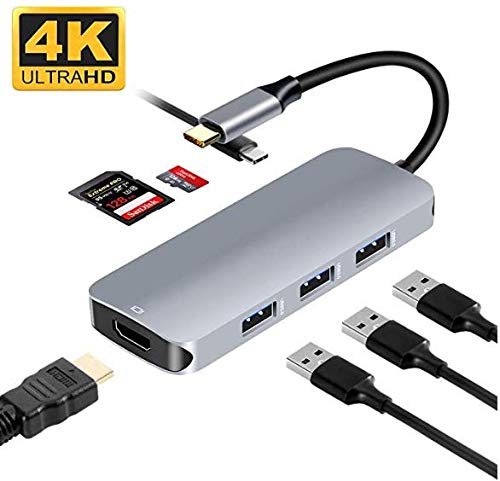 7 in 1 USB C Hub, USB C to HDMI Adapter with 4K 3 USB 3.0 Ports SD/TF Card Reader (Grey)