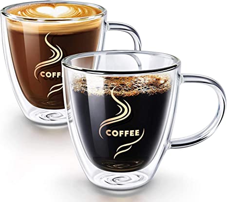 HOKEKI Coffee Cups, Double Wall Insulated Glasses Espresso Mugs with Coasters, Glassware Coffee Cappuccino Cups With Handle (Transprent)