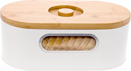2-in-1 Modern Bread Box with Bamboo Cutting Board Lid - Space Saving Bread Bin by Mindful Design (White)