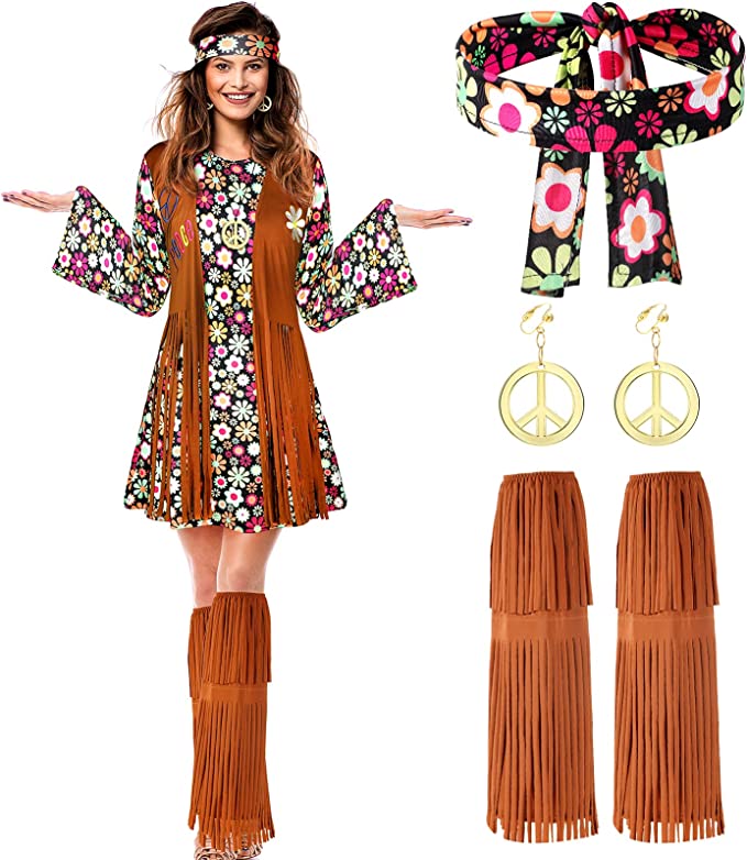 SATINIOR Women Hippie Costume Set Peace Sign Earring Necklace Headband Dress Ankle Socks