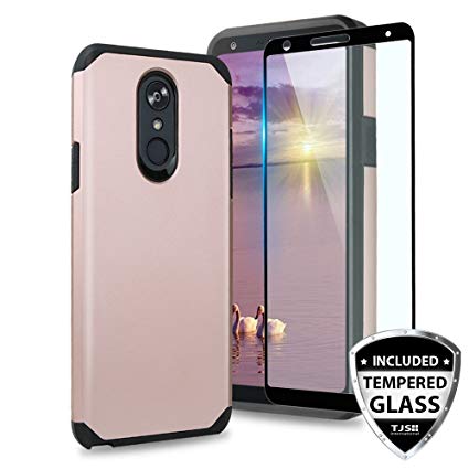 TJS LG Stylo 4 2018/LG Stylo 4 Plus/LG Q Stylus/LG Q Stylus Plus/LG Q Stylus Alpha Phone Case, [Full Coverage Tempered Glass Screen Protector] Dual Layer Hybrid Shockproof Armor Cover (Rose Gold)