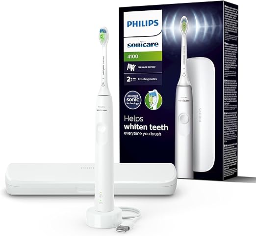 Philips Sonicare 4100 - Philips Sonicare Electric Toothbrush for Adults with 1 x Philips W2 Optimal White Sonic Brush Head in White, Slim Travel Case and USB Charger (Model HX3683/33)