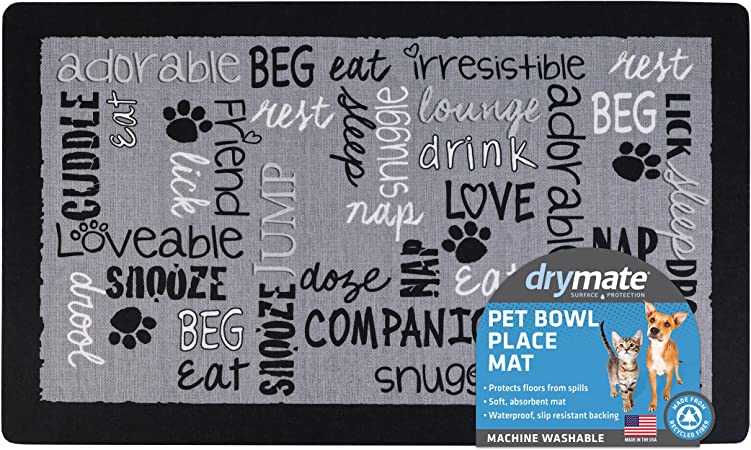 Drymate Pet Bowl Placemat, Dog & Cat Food Feeding Mat - Absorbent Fabric, Waterproof Backing, Slip-Resistant - Machine Washable/Durable (USA Made) (12” x 20”) (Linen Black)