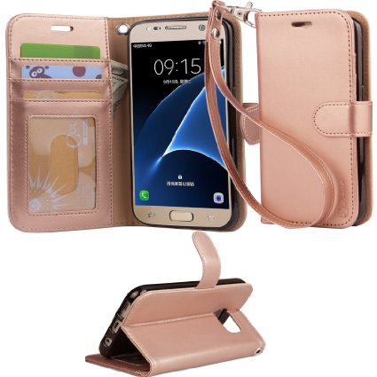Arae Slim Fit PU Leather Flip Folio Kickstand Wallet Case with Wrist Strap and Card Slot for Samsung Galaxy S7 (Rosegold)