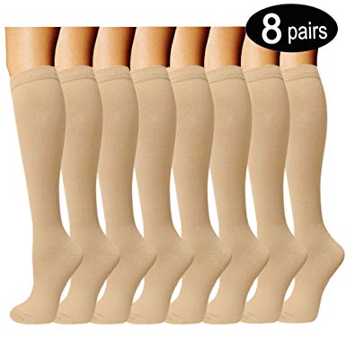 8 Pairs Compression Socks Women & Men -Best Medical,Nursing,Hiking,Travel & Flight Socks-Running & Fitness-15-20mmHg