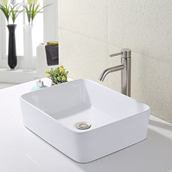 KES Bathroom Vessel Sink and Faucet Combo Bathroom Rectangular White Ceramic Porcelain Counter Top Vanity Bowl Sink Brushed Nickel Faucet, BVS110-C2