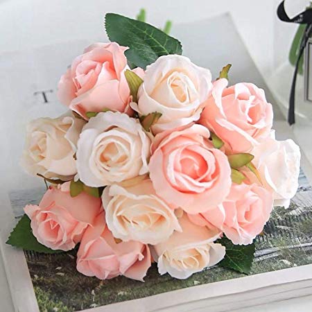 Jasion Artificial Roses Flowers 12 Heads Arrangement Silk Bouquet for Home Office Parties Bridal and Wedding Decoration (Pink with Champagne)