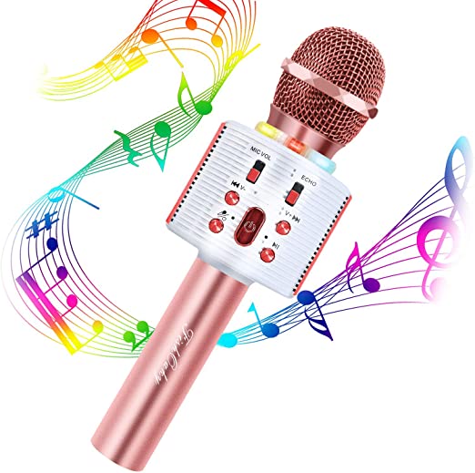 FISHOAKY Karaoke Microphone Wireless Bluetooth, 3 in 1 Portable Karaoke Mic Player with colorful LED and Magic Voice For Kids, for Camping, Birthday Party,Home, KTV (Pink)