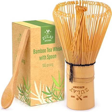 Zulay Traditional Matcha Whisk & Spoon - 100 Prong Matcha Bamboo Whisk For Ceremonial Tea Preparation - Authentic Japanese Bamboo Whisk For Matcha Tea - Matcha Tea Whisk for The Perfect Matcha