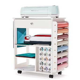 Crafit Organization and Storage Cart Compatible with Cricut Machine, Rolling Craft Storage Organizer with Vinyl Roll Holder, Crafting Cabinet Table Workstation for Craft Room Home - Patent Protected