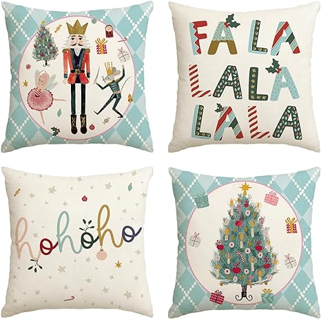AVOIN colorlife Merry Christmas Nutcracker Blue Throw Pillow Covers, 20 x 20 Inch Winter Holiday Party Cushion Case Decoration for Sofa Couch Set of 4