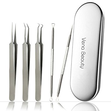 Blackhead Remover Tool kit,Professional Stainless Steel Pimple Comedone Extractor Curved Tweezers Kit with Metal Case,Treatment for Whitehead Acne by Vena Beauty(5pcs)