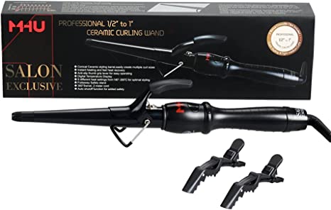 Professional 1-1/2" Tapered Hair Curler with Short Clip, Ceramic Coating Curling Wand 9-Gear Temp Settings & 60 Min Auto-Off, Hair Curling Iron add Cool Tip, Black
