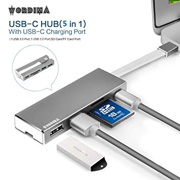 USB C HUB for SD/TF Card Reader/USB3.0/USB2.0 Ports and Type C PD Port 5in1 HUB Portable Aluminum Adapter for Chromebook Pixel, Apple MacBook 2017/2018/2019 and More