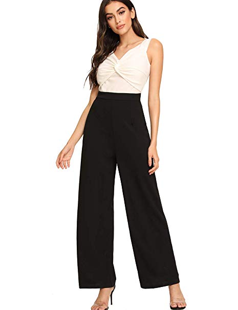 Romwe Women's Sleeveless Twist Front Knot High Waist Long Elegant Jumpsuit