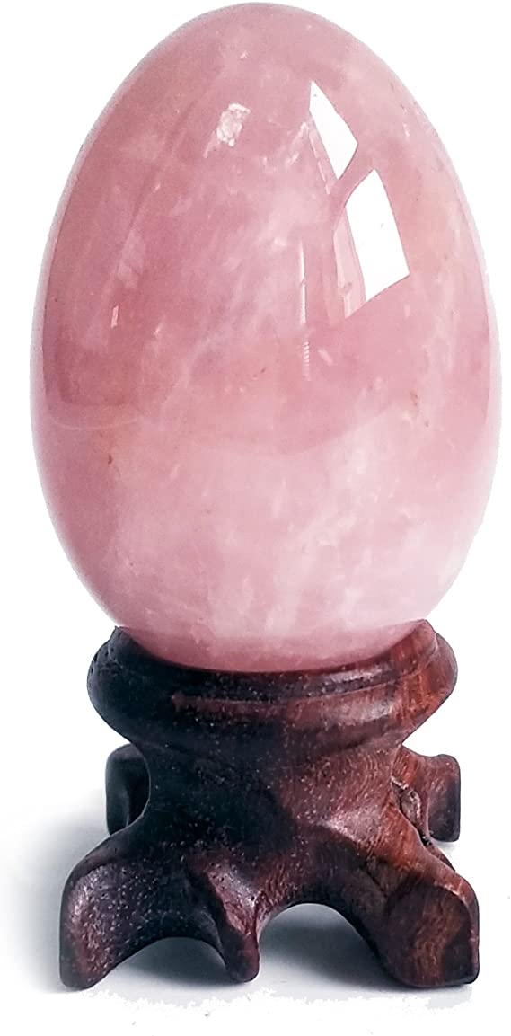 Polar Jade Rose Quartz Gemstone Egg Sphere with Wooden Stand for Healing Meditation Chakra Balancing and Home Decoration (L Size)