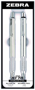 Zebra M/F 701 Stainless Steel Mechanical Pencil and Ballpoint Pen Set, Fine Point, 0.7mm HB Lead and 0.7mm Black Ink, 2-Count Gift Set