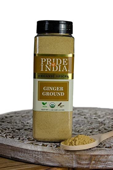 Pride Of India- Organic Ginger Fine Ground- 12 oz (340 gm) Large Dual Sifter Jar - Certified Organic Indian Spice - Best for Pickles, Cookies, Desserts, Teas etc - Offers Best Value For Money