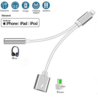 Headphones Adapter for iphone splitter audio and charge 3.5mm Jack Adapter Dongle Earphone Connector for iPhone Xs/Xs Max/XR/X（10）8/8 Plus/7/ 2 in 1 Cables Charge & Aux Audio Support iOS Latest system