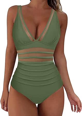 Women Sexy Mesh Bathing Suits Tummy Control Swimsuit Push Up High Waisted Bathing Suit One Piece Swimsuits Open Back Swimwear