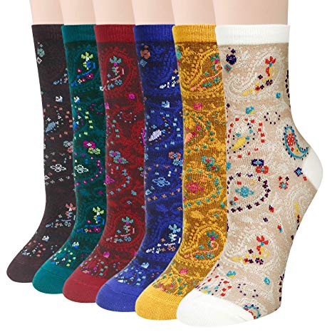 Chalier 5-6 Pairs Womens Funny Socks Vintage Cotton Crew Patterned Socks Novelty Fun Socks for Women