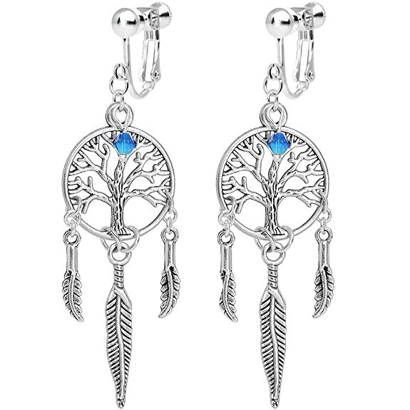 Body Candy Silver Plated Tree of Life Dreamcatcher Clip On Earrings Created with Swarovski Crystals