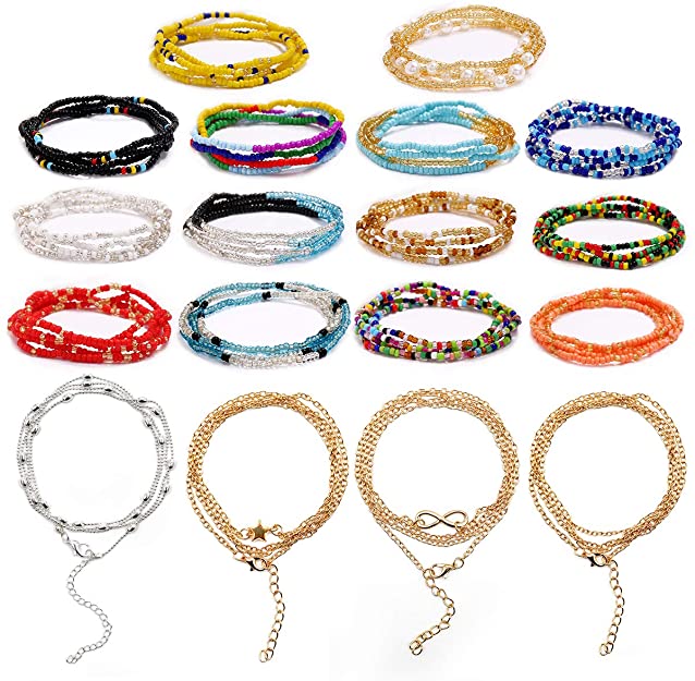 ShaggyDogz 18 Pieces Waist Beads Body Chains, Colorful African Belly Waist Bracelet Anklet Necklace Bead Stretchy Elastic String Summer Beach Bikini Jewelry for Women Girls Sexy Beauty Fashion