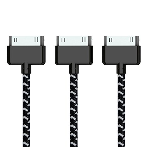 Go Beyond (TM) 3 Feet 30 Pin Nylon Braided Premium Durable USB Charging/Data Sync Cable for Apple iPod, iPhone, and iPad - 3 pack (Black Nylon)