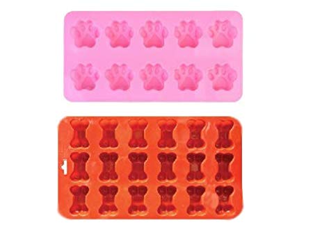 2 Pack Combo Silicone Molds Trays with Puppy Mini Dog Paw and Mini Bone Shape, Homemade Dog Treats, Baking Chocolate Candy, Oven Microwave Freezer Safe
