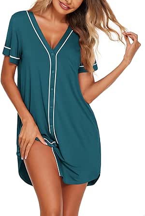 Ekouaer Womens Nightgown Button Down Sleep Shirts Short Sleeve Nightshirt V-Neck Sleepdress Soft Sleepwer