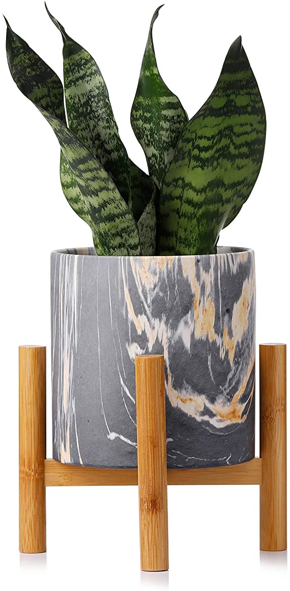 Ceramic Plant Pots - POTEY 5.9 Inch Indoor Marble Ceramic Planters for House Plants, Scindapsus Aureum, Ivy Vine, Succulents, Cactus, Flower with Drainage Hole and Bamboo Stand - 811, Gray with Gold